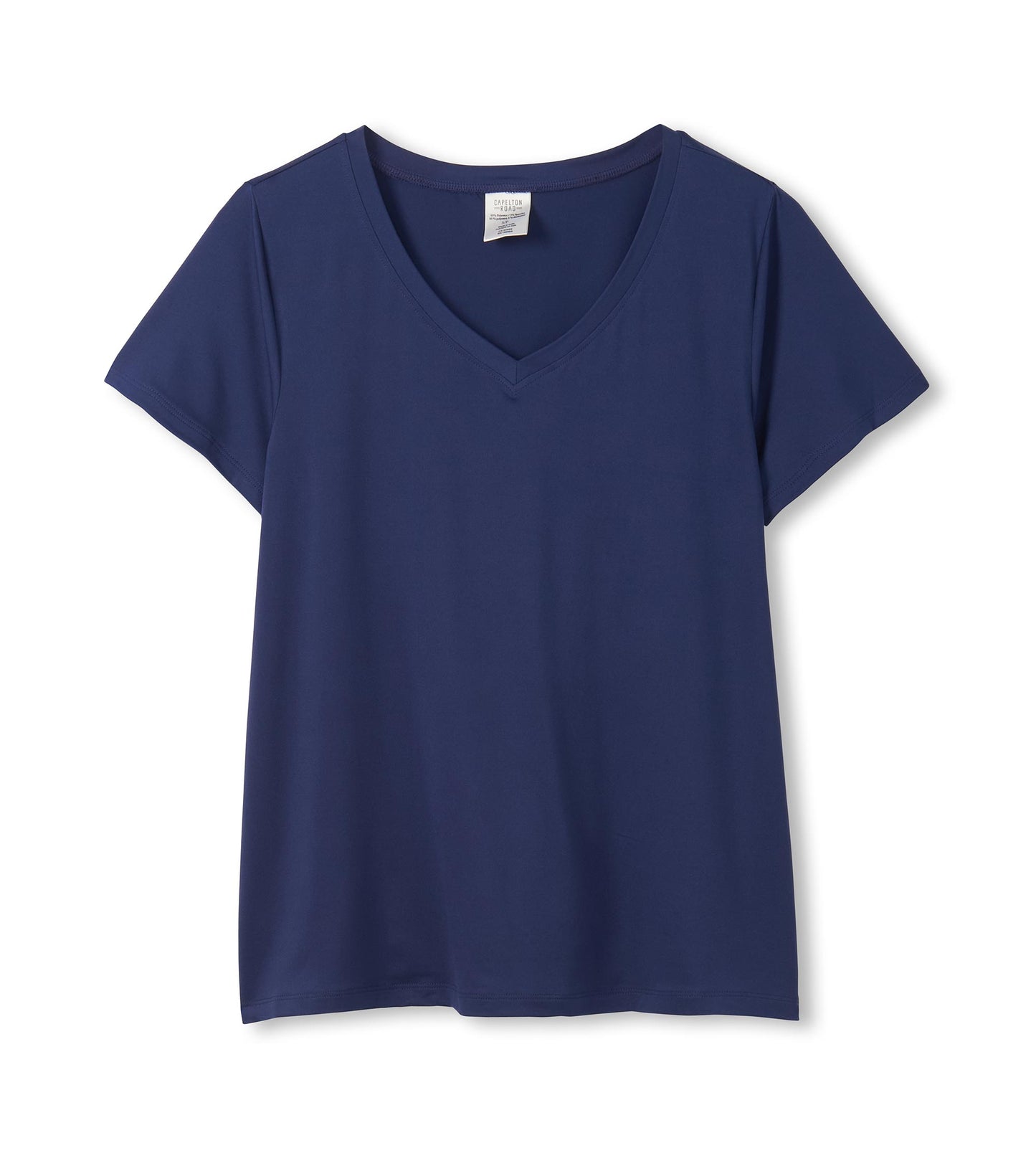 Navy short-sleeve V-neck T-shirt with a smooth polyknit finish, shown front view on a white background