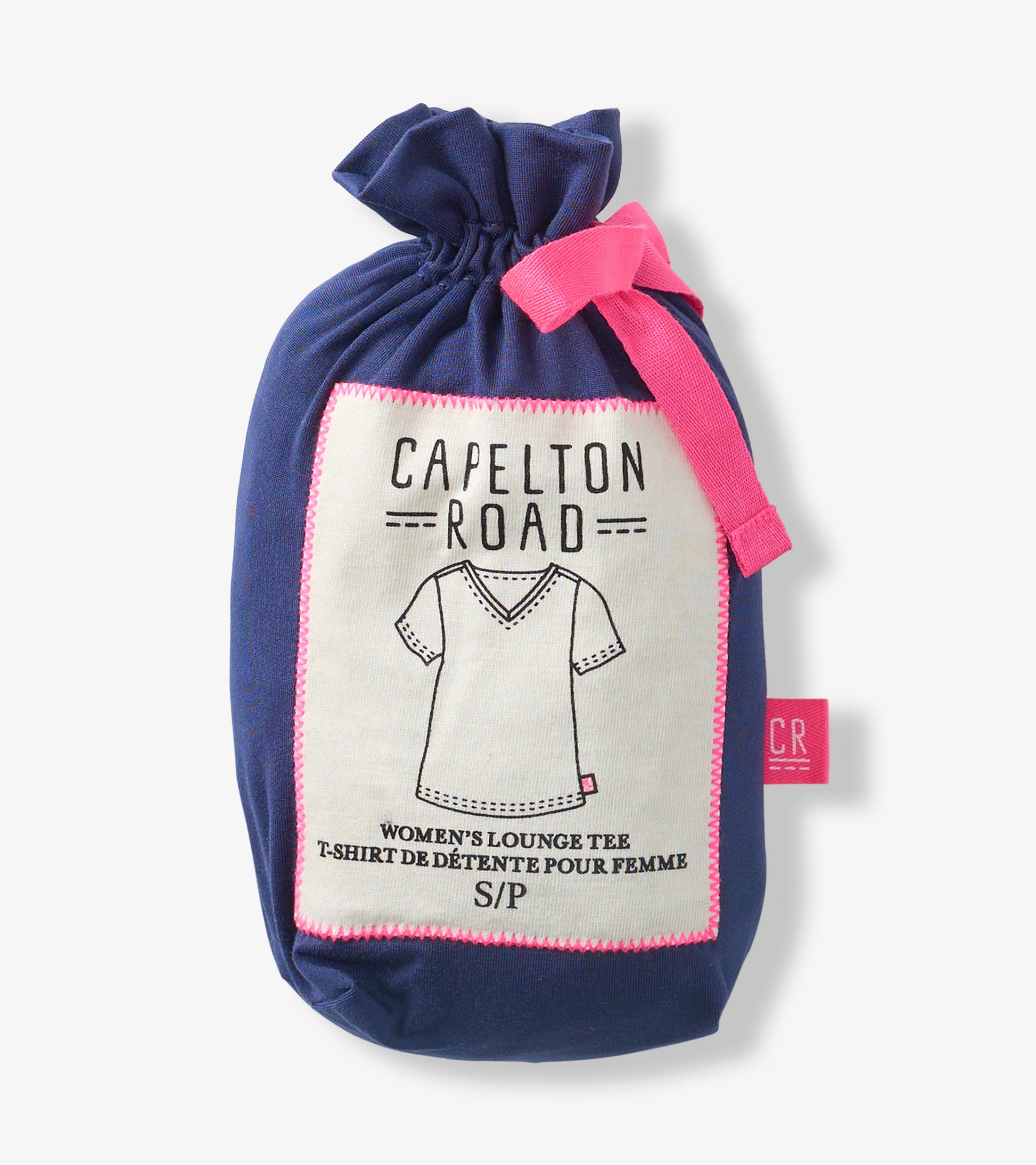 Navy drawstring pouch with pink ribbon and label showing a V-neck T-shirt illustration