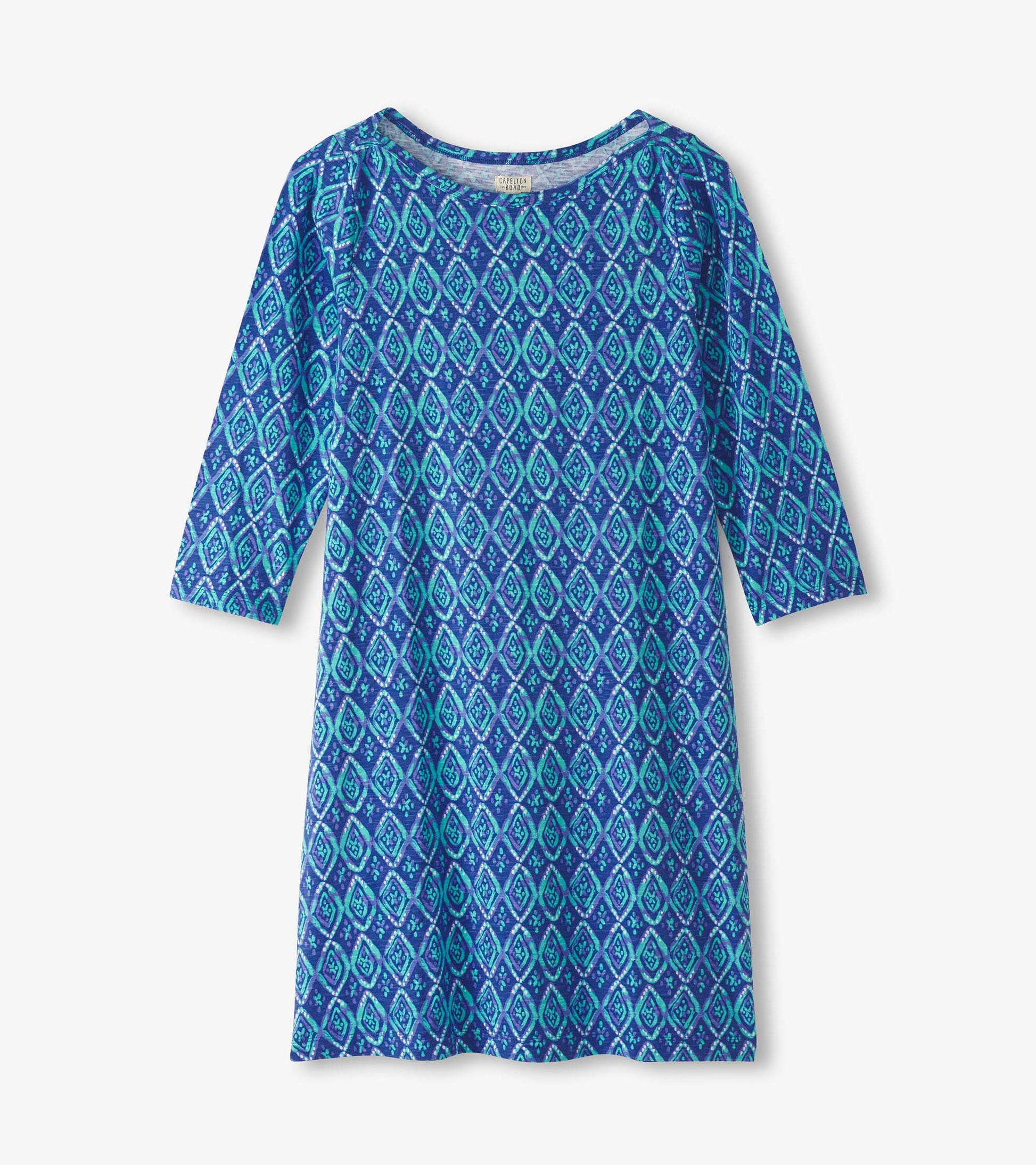 Blue bateau dress featuring a painted diamond pattern and three-quarter sleeves.