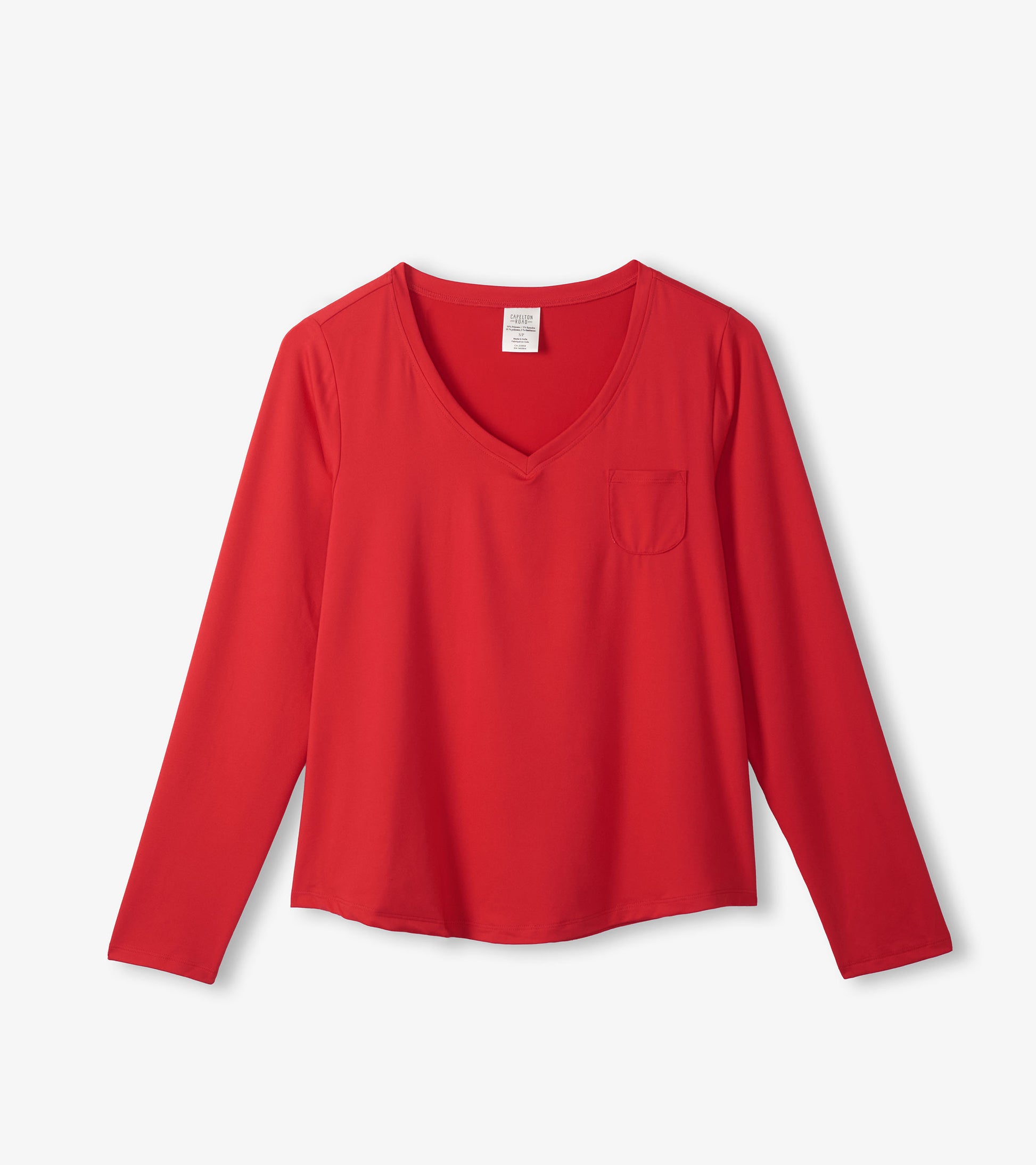 Red long sleeve polyknit t-shirt featuring a v-neck and a small pocket on the left chest.