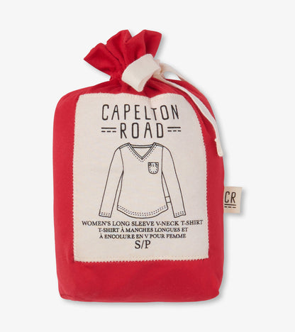 Red polyknit long sleeve t-shirt with a v-neck and pocket detail, suitable for casual wear.