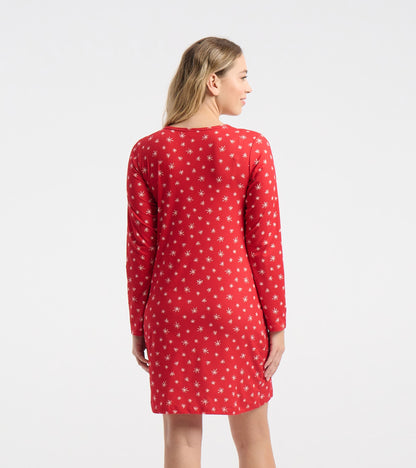 Women's Red Snowflakes Polyknit Long Sleeve Nightshirt