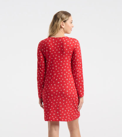 Women's Red Snowflakes Polyknit Long Sleeve Nightshirt