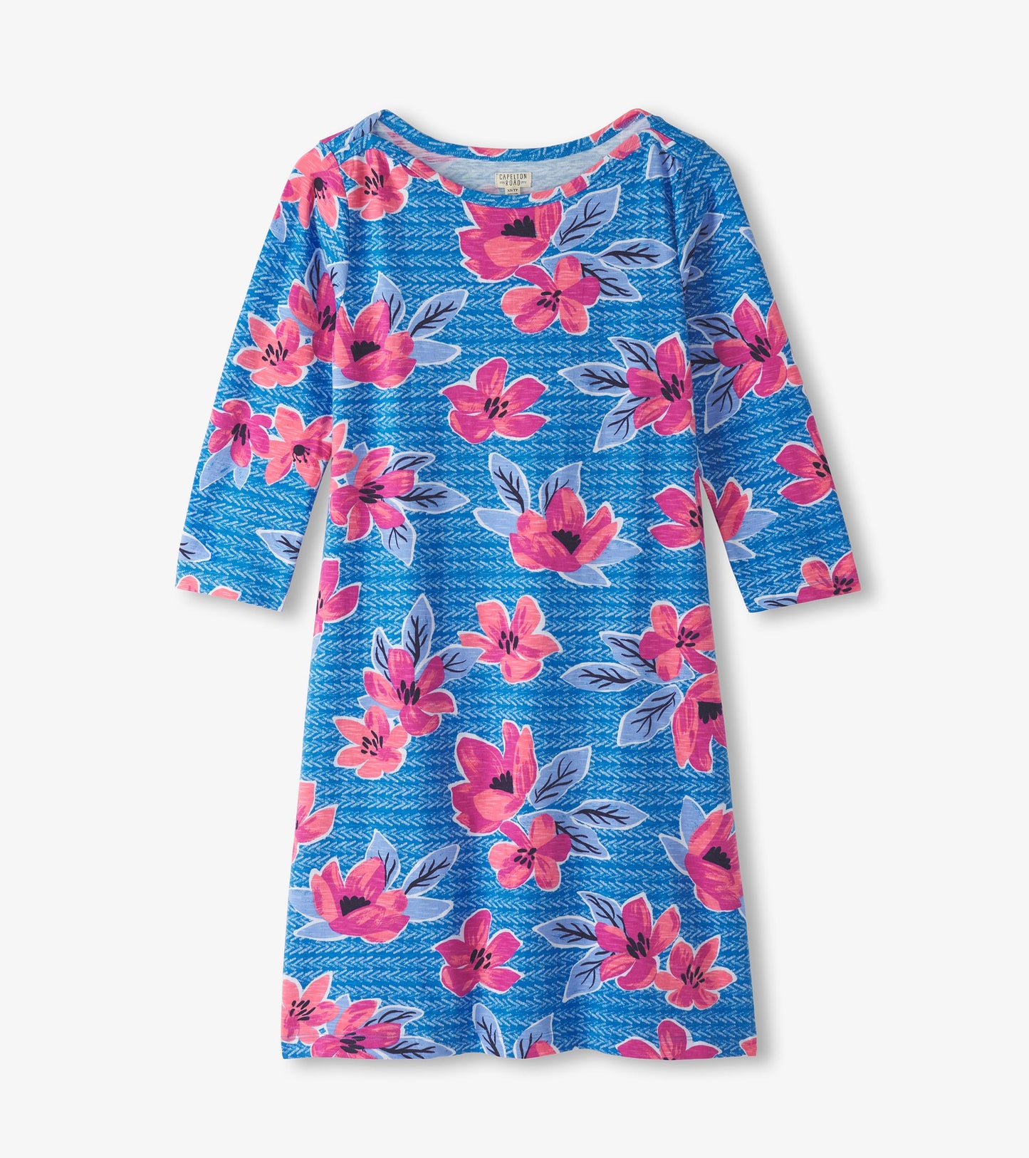 Blue dress featuring a bold floral pattern in pink and purple, with three-quarter sleeves and a bateau neckline.