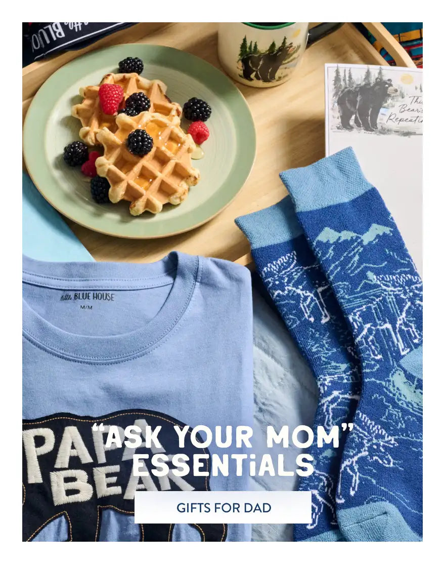 Promotes Father's Day gift ideas for dads. With "Ask Your Mom" Essentials, Gifts for Dad" text.