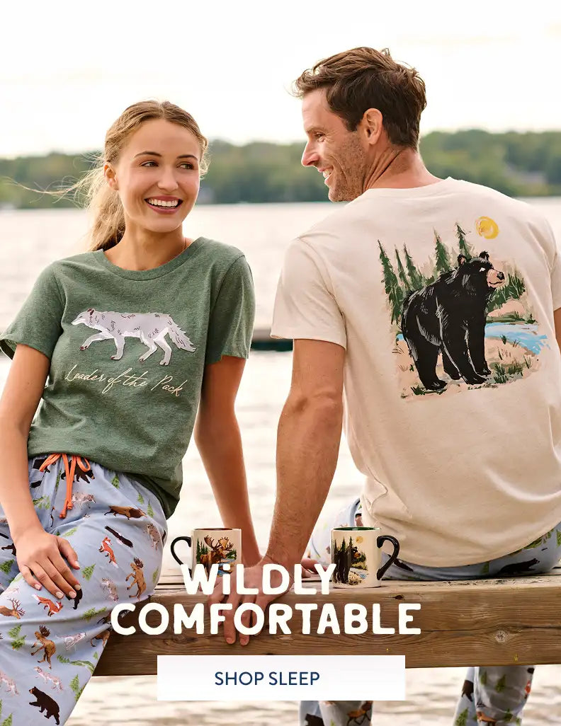Promotes sleepwear and loungewear with wildlife-themed comfort styling. With "Wildly Comfortable" text.