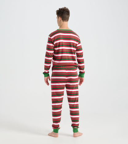 Men's pajama set featuring a candy cane stripe pattern in red, green, and white, shown from the back.