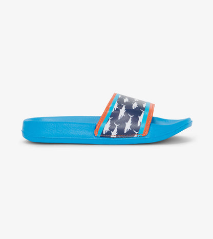 Blue slide sandals featuring a shark print strap and orange accents, ideal for casual summer wear.