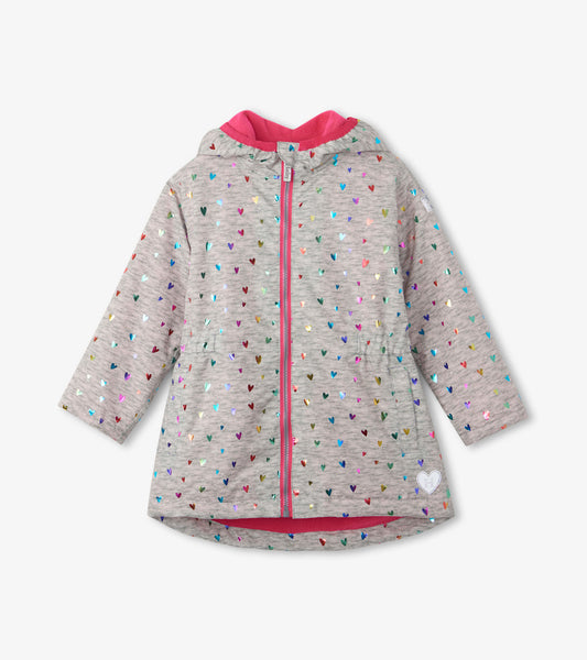 Lightweight gray rain jacket with colorful confetti hearts, pink hood lining, and zip-up front. Ideal for rainy days.