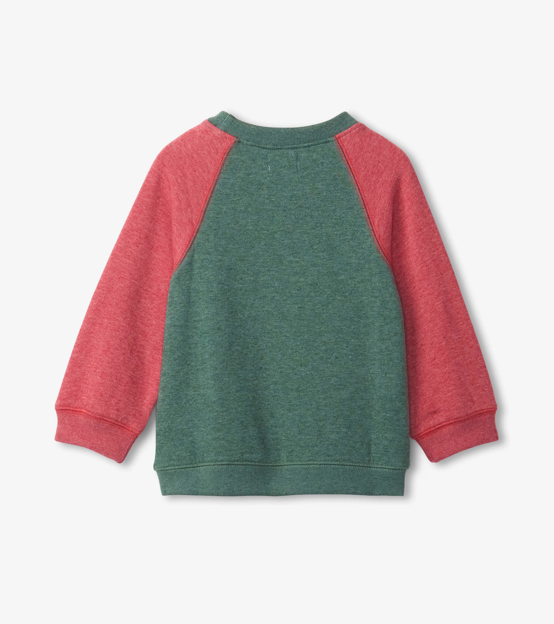 Green pullover sweatshirt with red raglan sleeves, featuring a soft material and relaxed fit, shown from the back.