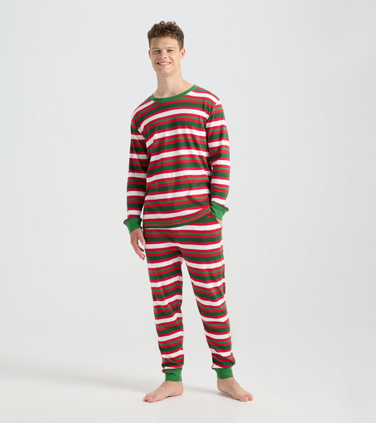 Men's pajama set featuring red, green, and white candy cane stripes, long sleeves, and elastic waistband pants.