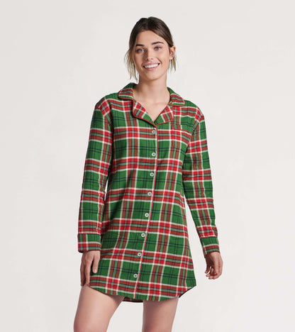 Green and red plaid flannel nightgown with long sleeves, button front, and collar, ideal for cozy winter nights.