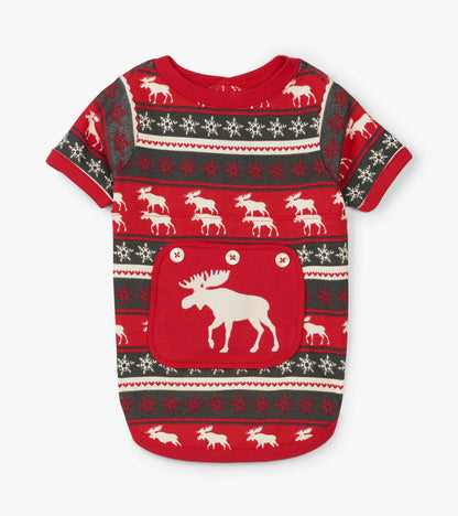 Red dog pajama featuring a Fair Isle pattern with moose and snowflakes, short sleeves, and a pocket on the back.