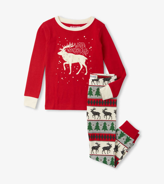 Red long-sleeve pajama top with moose graphic and matching patterned pants featuring trees and moose in festive colors.