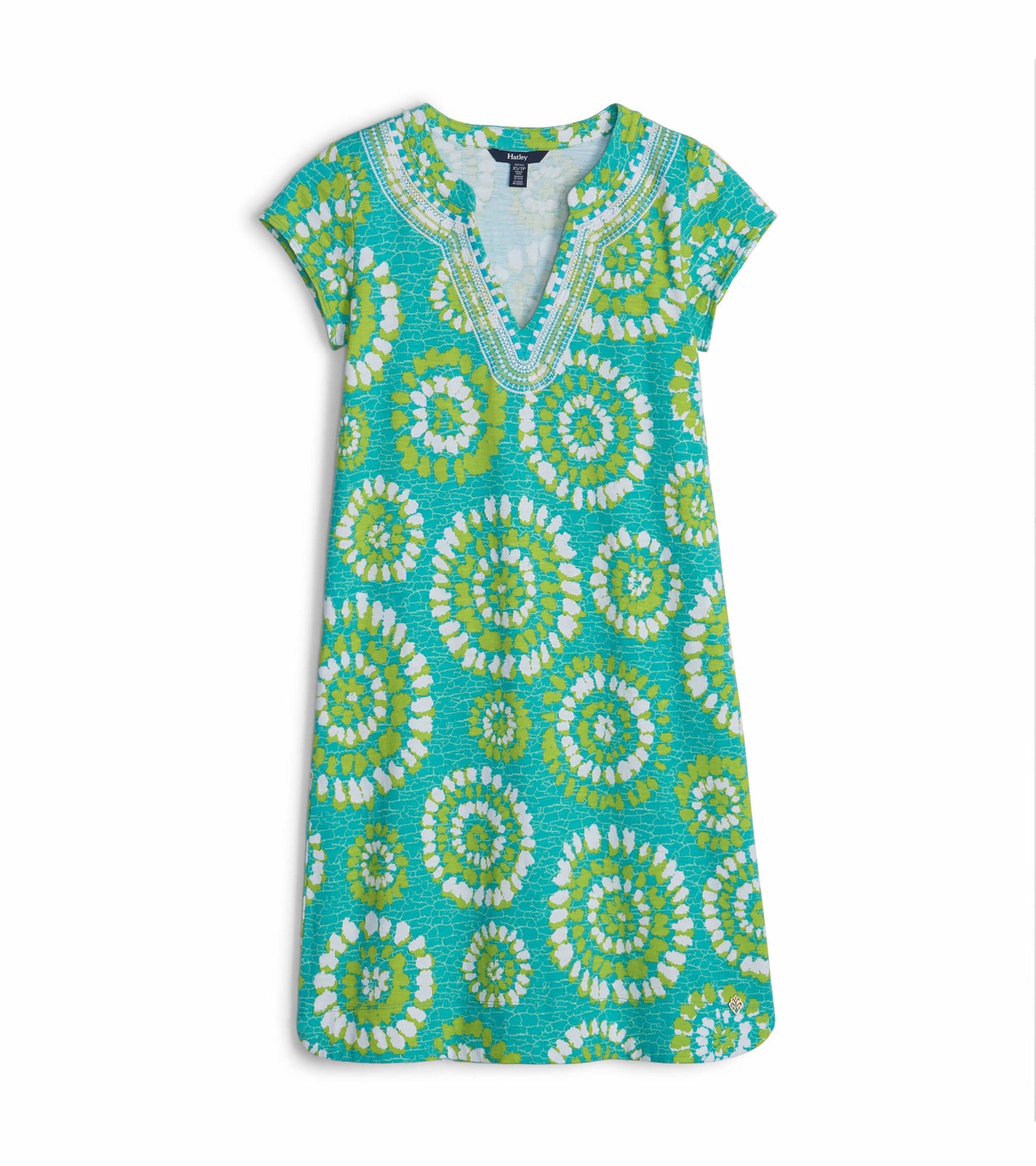 Turquoise dress featuring a painted mandala pattern in green and white, with a V-neck and short sleeves.