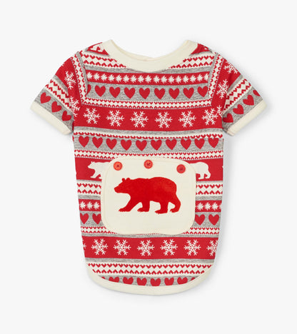 Red Fair Isle dog pajama featuring bear and snowflake patterns, short sleeves, and a soft fabric.