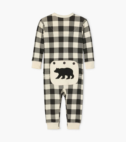 Cream plaid baby union suit with long sleeves and a bear patch on the back, suitable for infants aged 3-24 months.