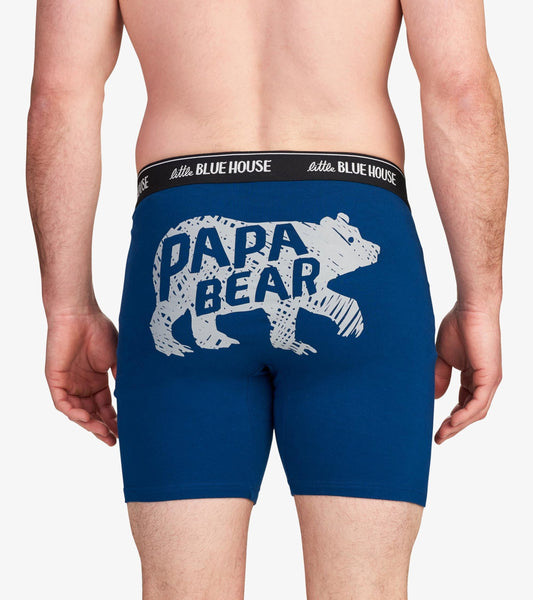 Navy blue boxer briefs with a bear graphic and "PAPA BEAR" text on the back, featuring a comfortable elastic waistband.