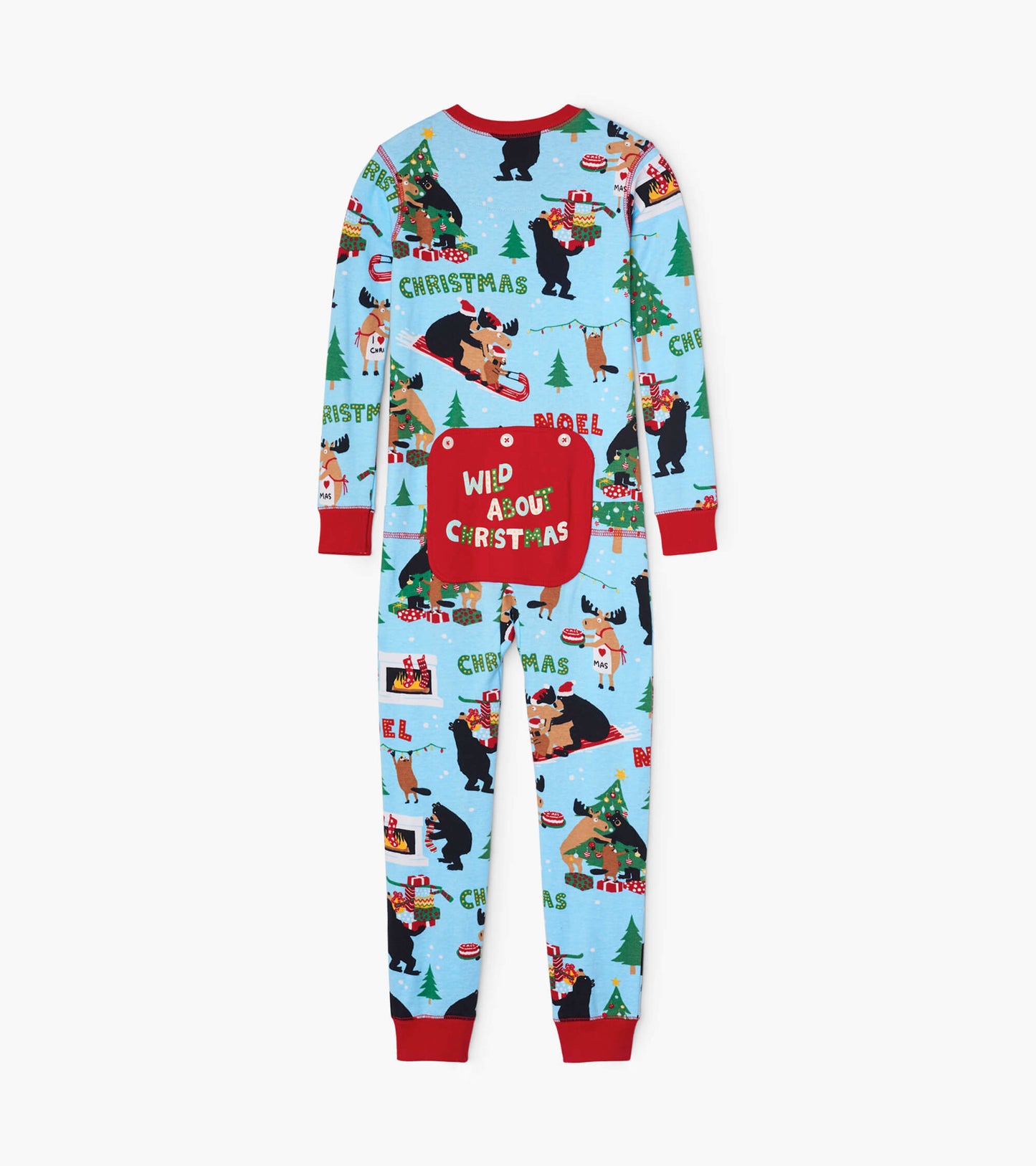 Blue kids' onesie featuring festive Christmas patterns with animals, trees, and a red pocket that says "WILD ABOUT CHRISTMAS.
