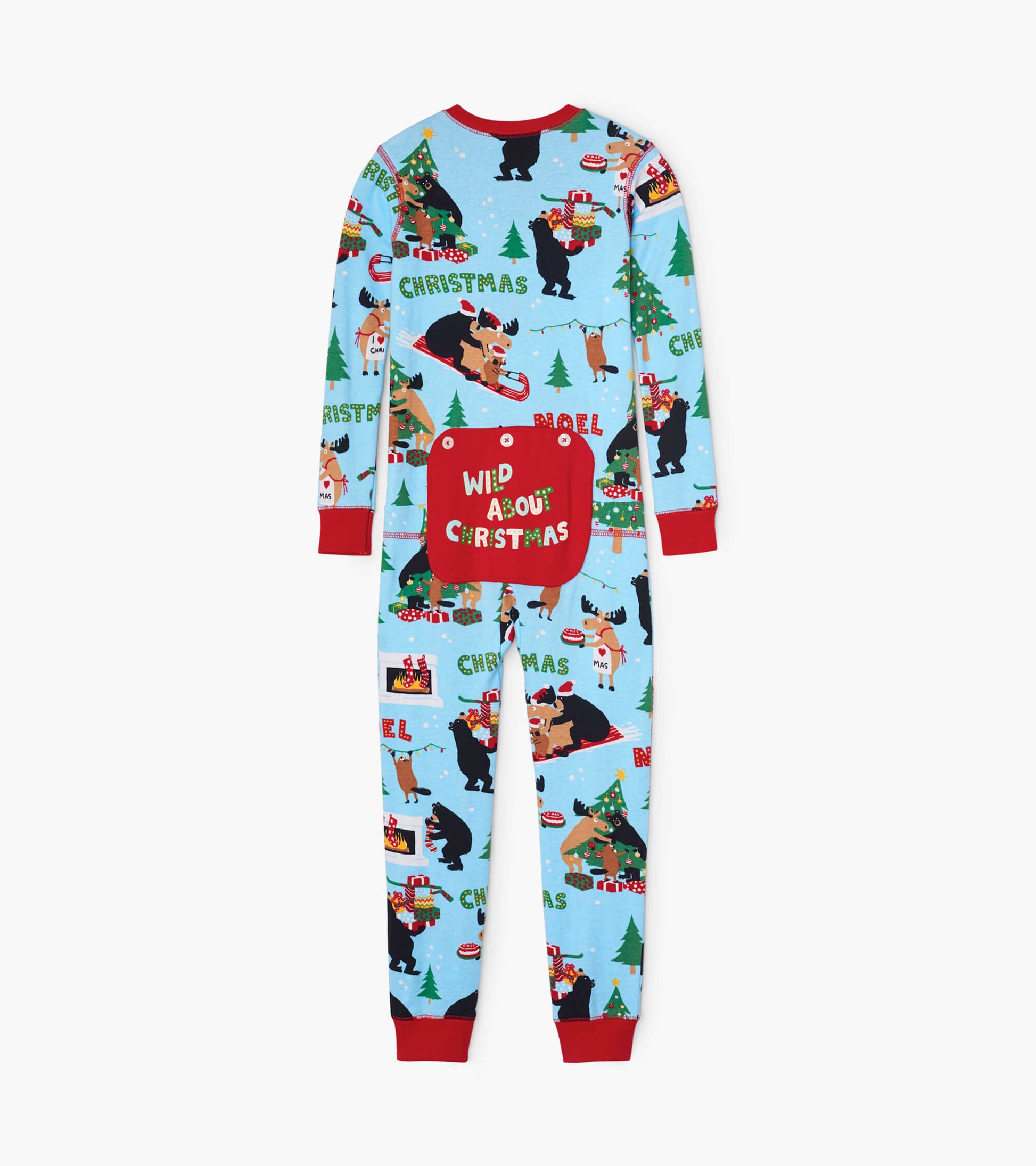Blue kids' onesie featuring festive Christmas patterns with animals, trees, and a red pocket that says "WILD ABOUT CHRISTMAS.
