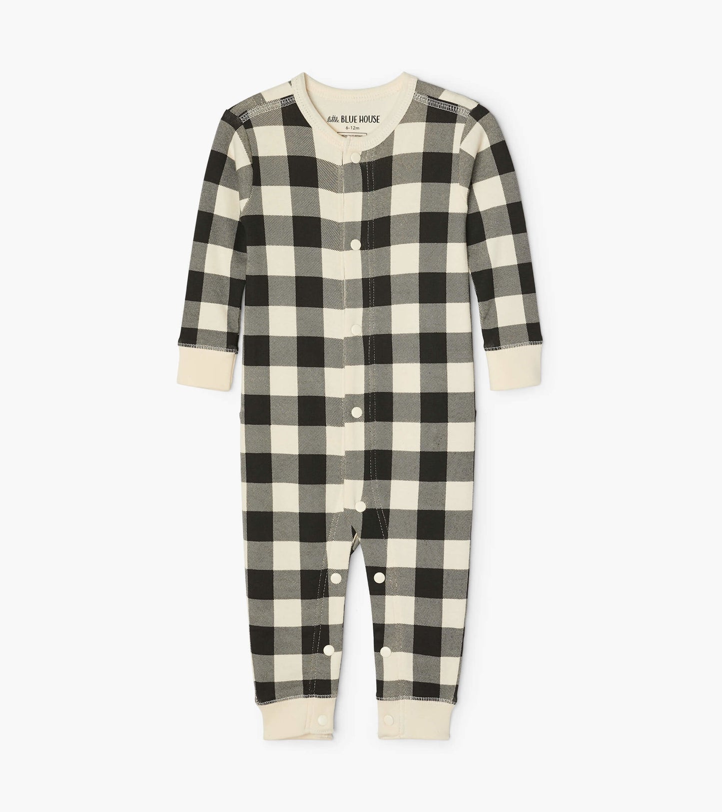 Cream plaid baby union suit featuring long sleeves, snap buttons, and ribbed cuffs, suitable for infants.
