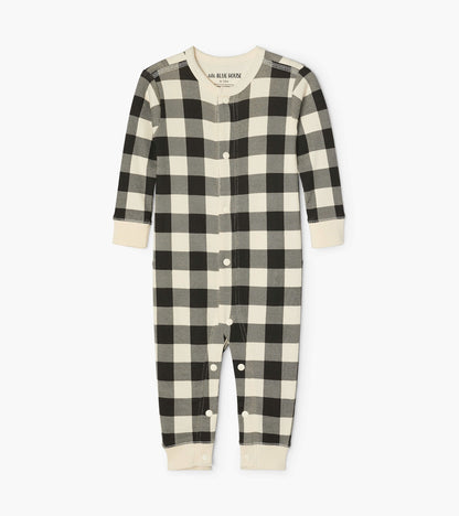 Cream plaid baby union suit featuring long sleeves, snap buttons, and ribbed cuffs, suitable for infants.
