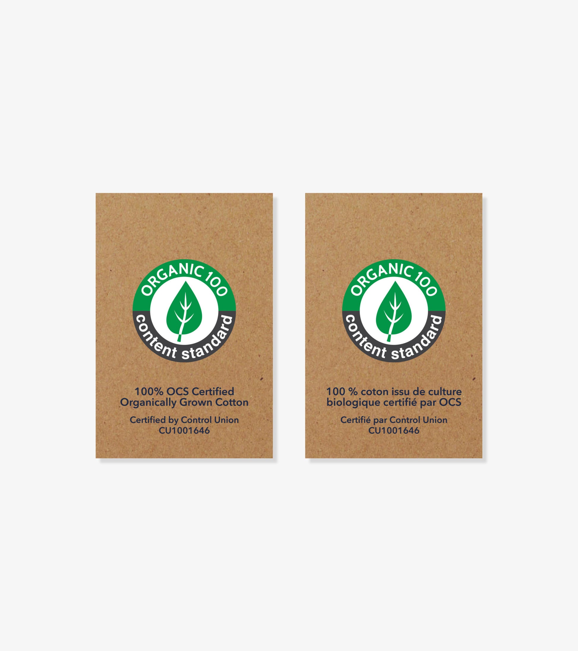 Organic cotton certification labels featuring green and black logos on a brown background.