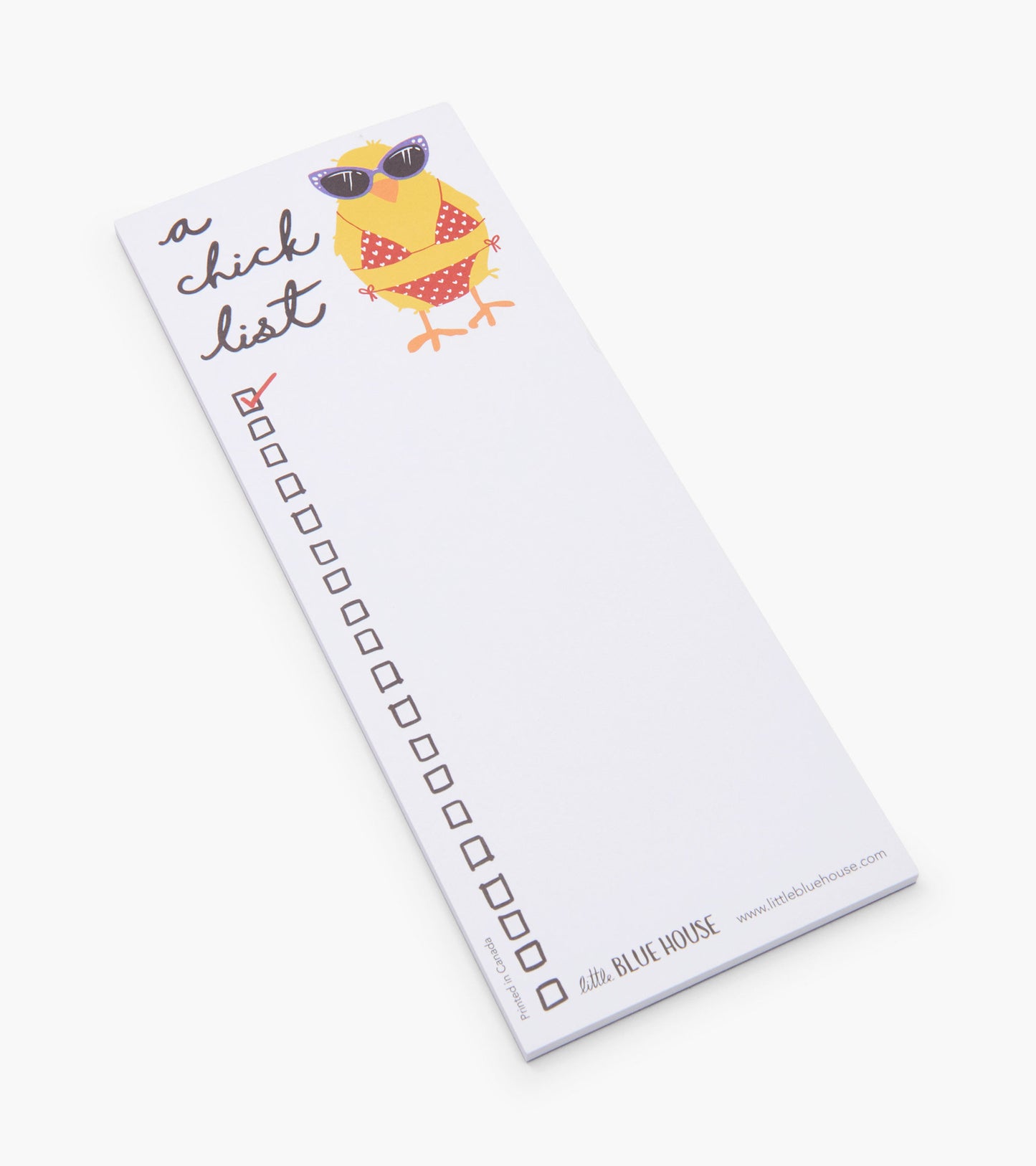 Magnetic notepad featuring a cartoon chick in sunglasses and a polka dot swimsuit, with checkboxes for lists.