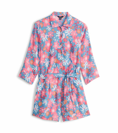 Colorful floral romper featuring a collared neckline, button front, and tie waist, with three-quarter sleeves.