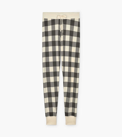 Cream plaid women's sleep leggings with a drawstring waist and fitted cuffs. Ideal for lounging or sleeping.