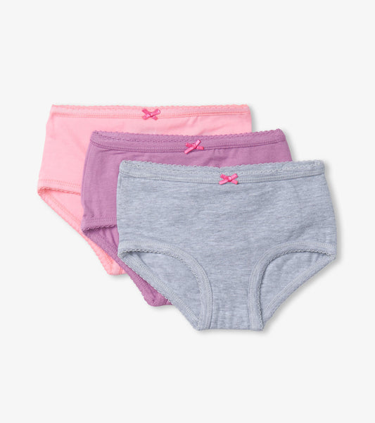 Three pairs of hipster underwear in pink, purple, and gray, featuring a bow detail and soft cotton material.