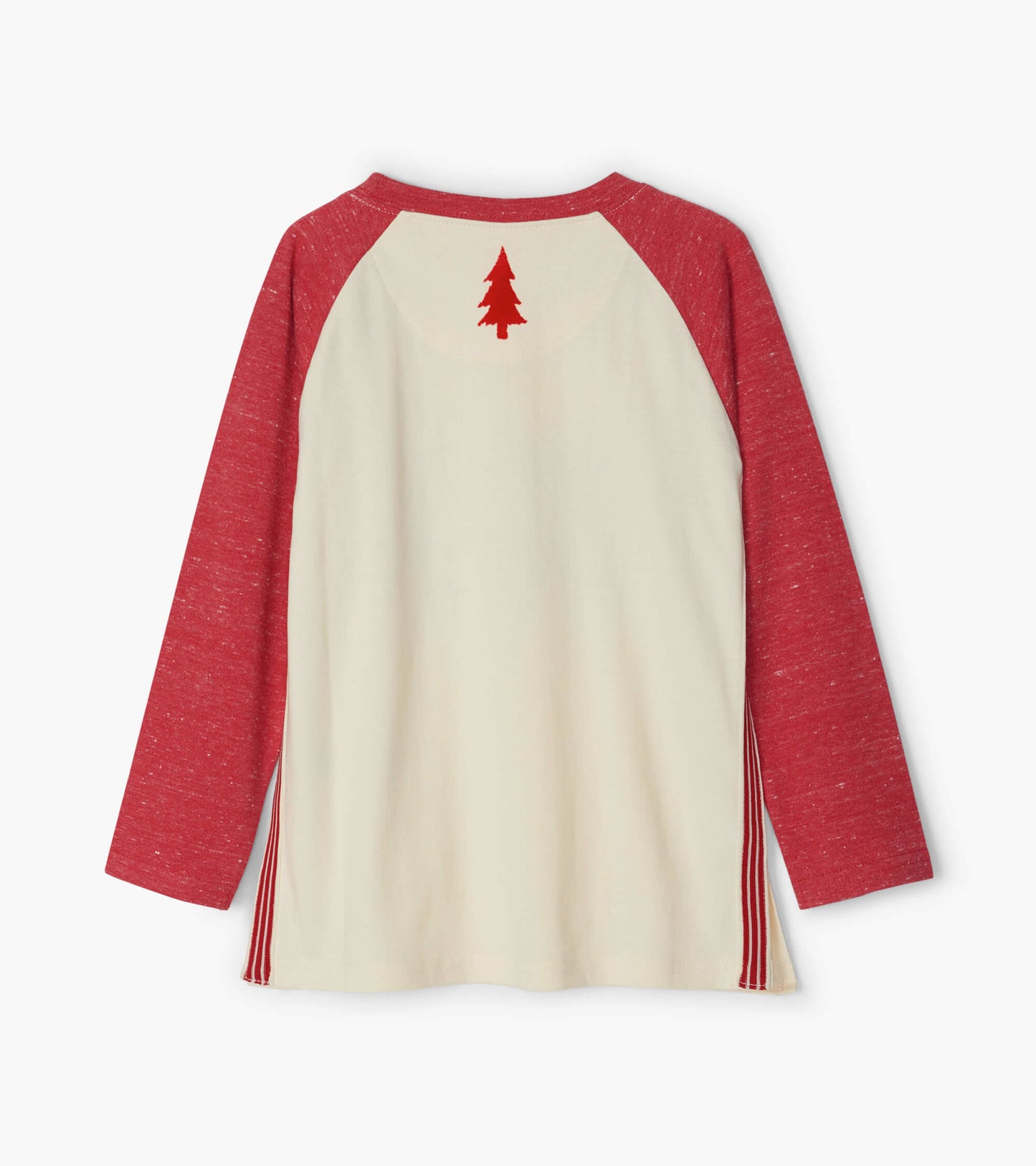 Red long sleeve raglan tee with cream body and red tree embroidery on the back, featuring striped side details.