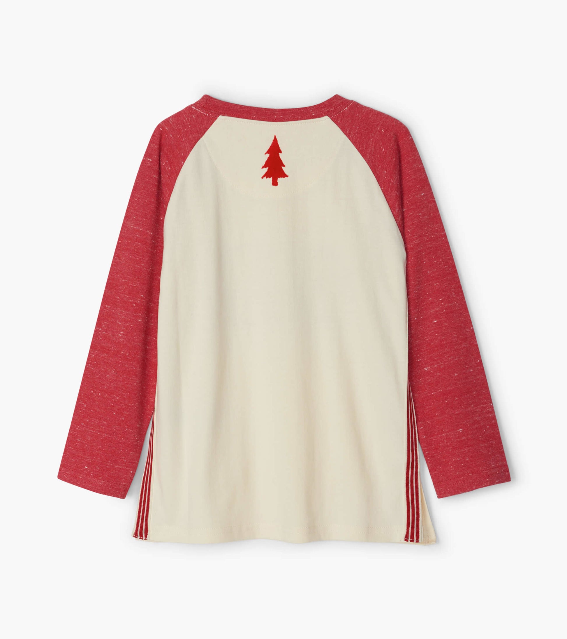 Red long sleeve raglan tee with cream body and red tree embroidery on the back, featuring striped side details.