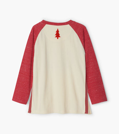 Red long sleeve raglan tee with cream body and red tree embroidery on the back, featuring striped side details.