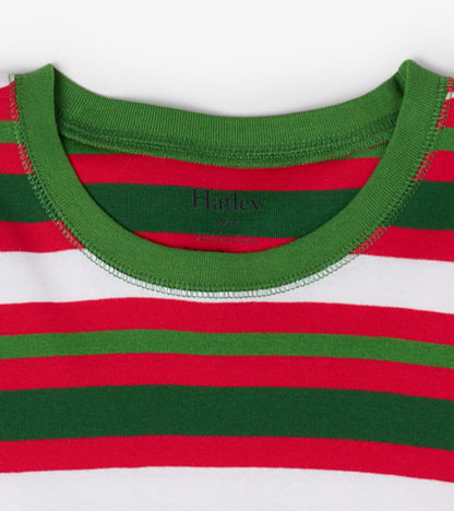 Red and green striped pajama top with a green ribbed neckline, featuring a festive candy cane pattern.