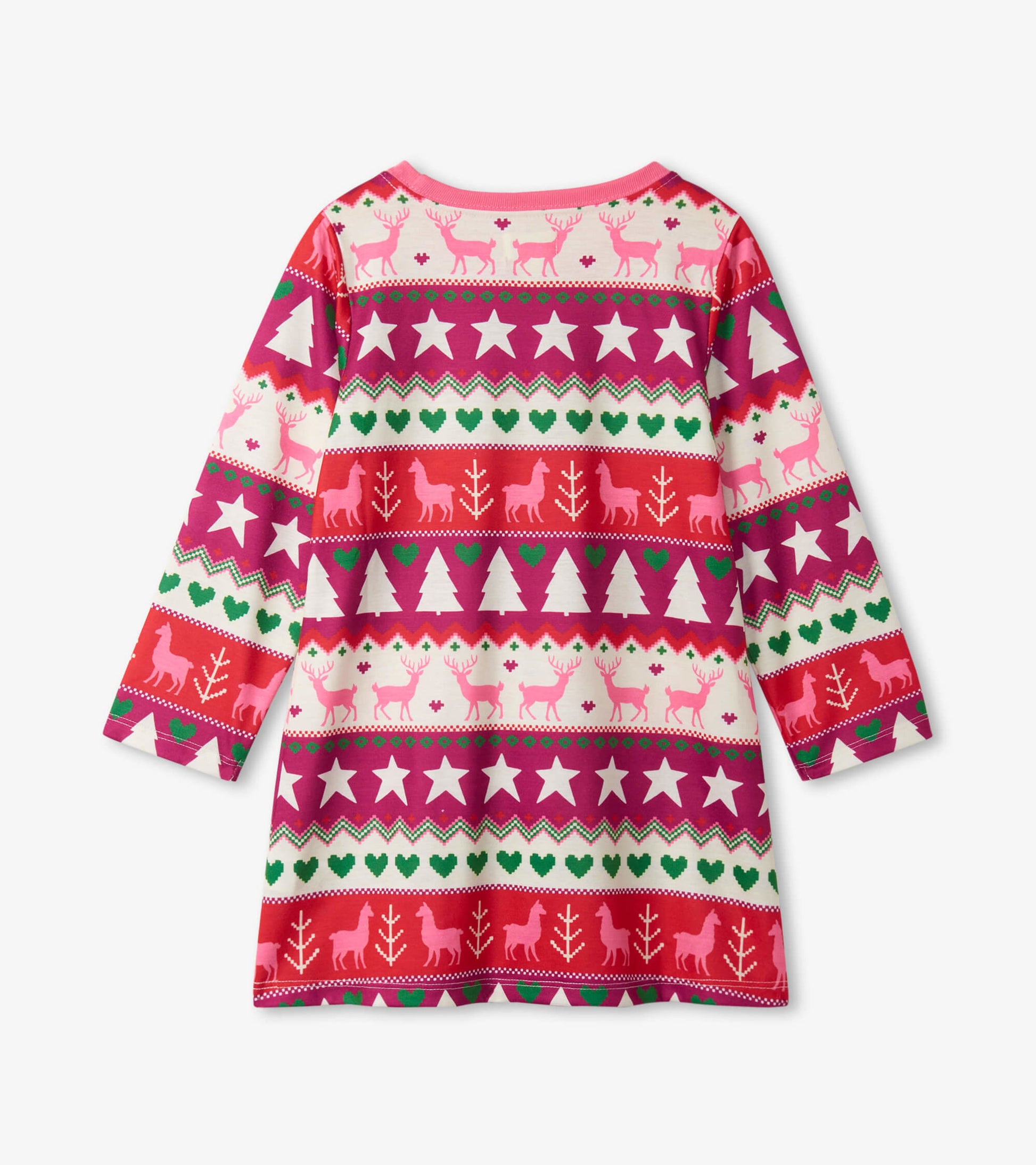 Long sleeve girls nightgown featuring a colorful Fair Isle pattern with reindeer, trees, and stars on a pink background.