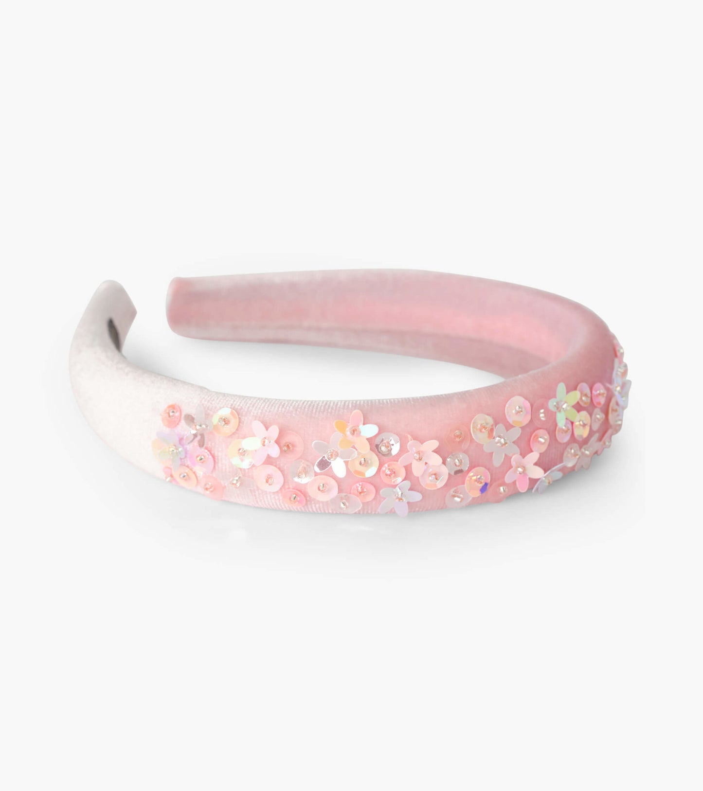 Rose velvet puff headband featuring floral embellishments and sequins, designed for stylish hair accessories.