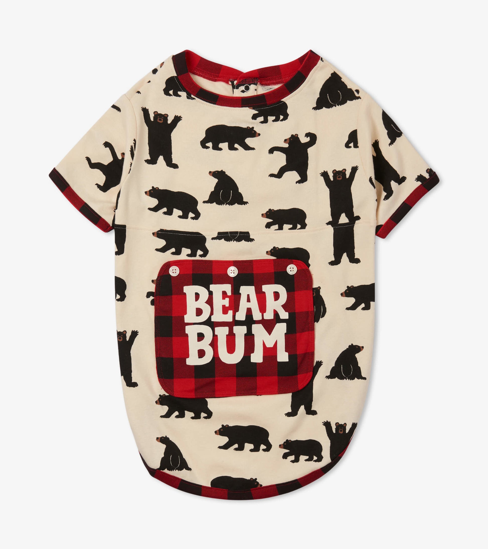 Tan dog tee featuring black bear prints and a red plaid pocket with "BEAR BUM" text. Short sleeves and round neckline.