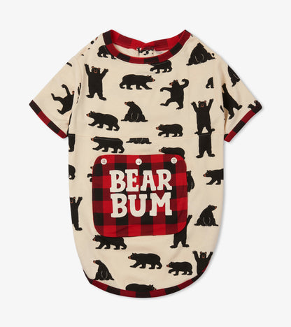 Tan dog tee featuring black bear prints and a red plaid pocket with "BEAR BUM" text. Short sleeves and round neckline.