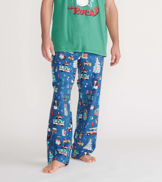 Men's stretch cotton pajama pants in blue with festive holiday patterns, featuring various Christmas-themed graphics.