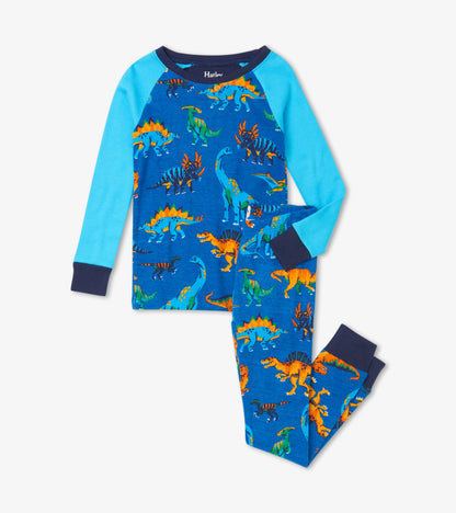Blue organic cotton pajama set featuring colorful dinosaur prints, with a raglan sleeve top and matching pants.