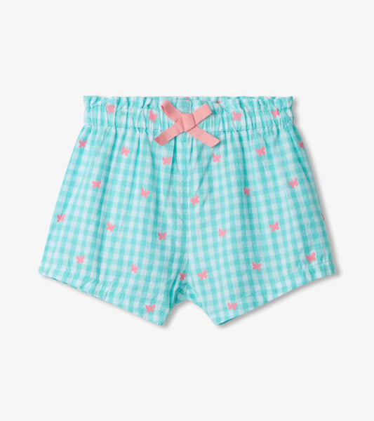 Short tissé à taille froncée pour bébé – Papillons sur fond vichy