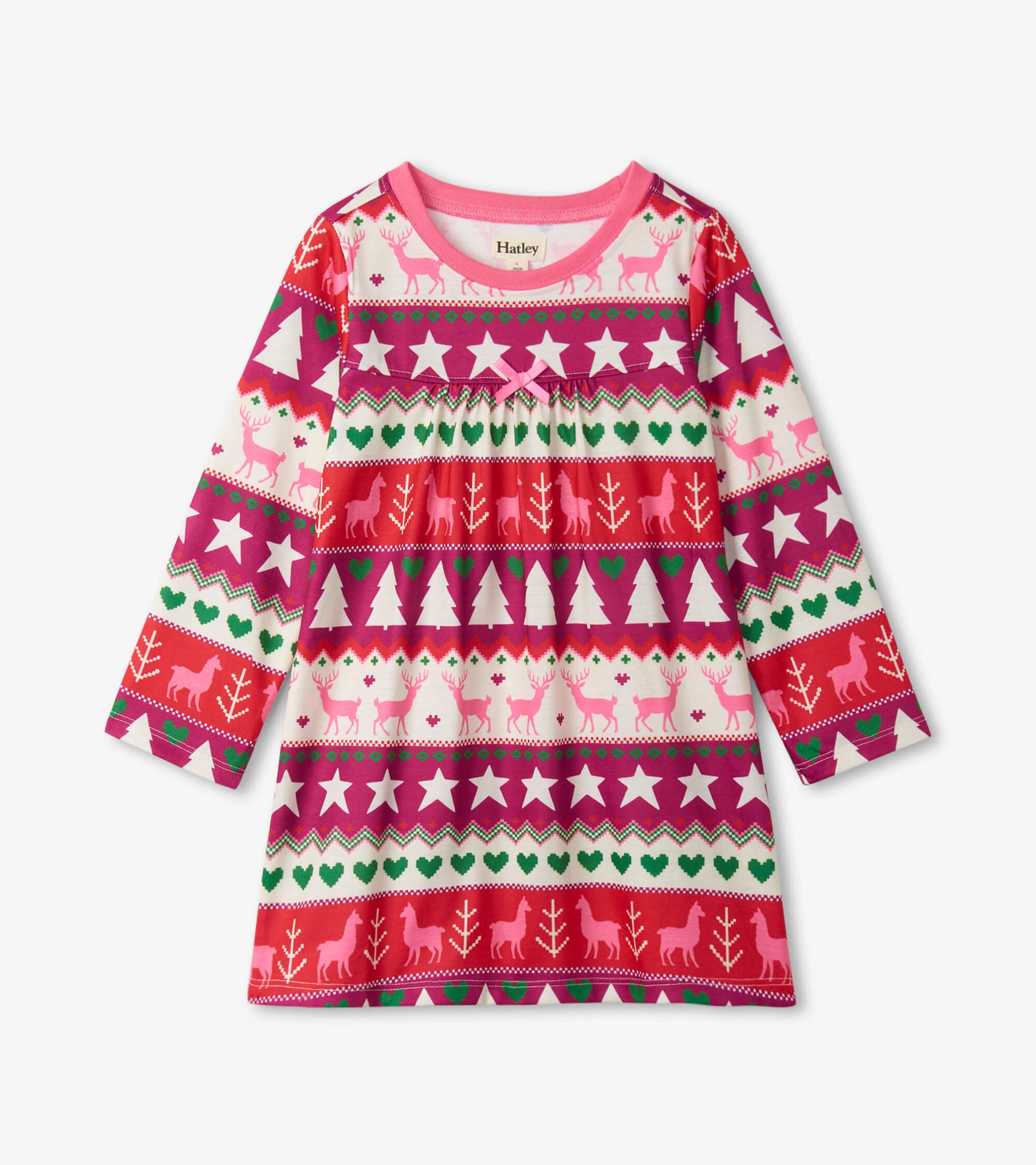 Long sleeve girls' nightgown featuring a colorful Fair Isle pattern with reindeer, trees, and stars on a light background.
