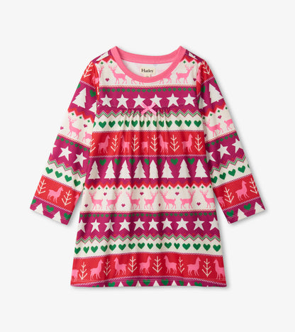 Long sleeve girls' nightgown featuring a colorful Fair Isle pattern with reindeer, trees, and stars on a light background.