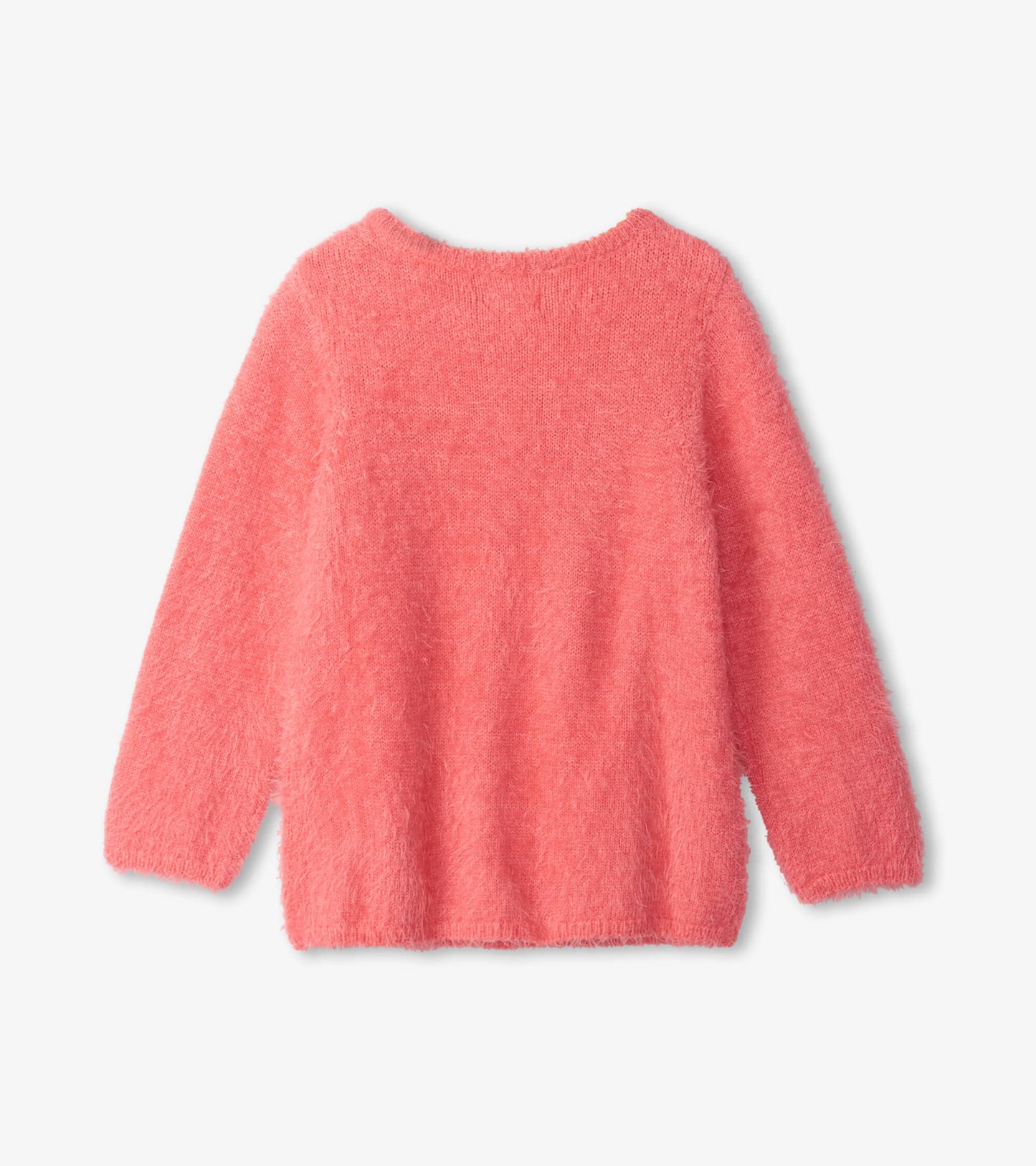 Fuzzy sweater in bright pink with long sleeves and a round neckline, shown from the back.