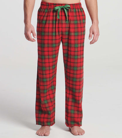 Red flannel pajama pants featuring a classic plaid pattern with green accents and an elastic waistband with a drawstring.