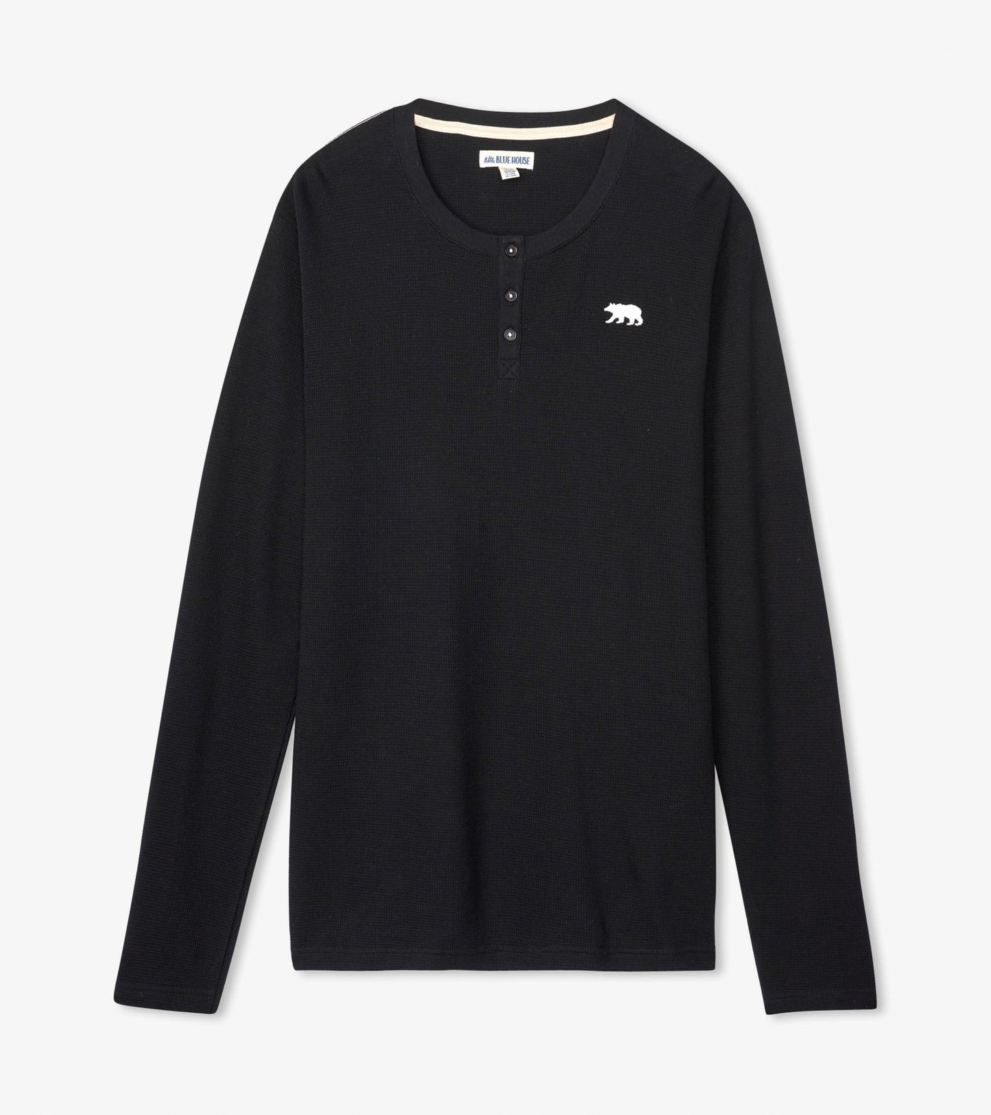 Black long-sleeve waffle henley with a buttoned neckline and a white bear logo on the chest.
