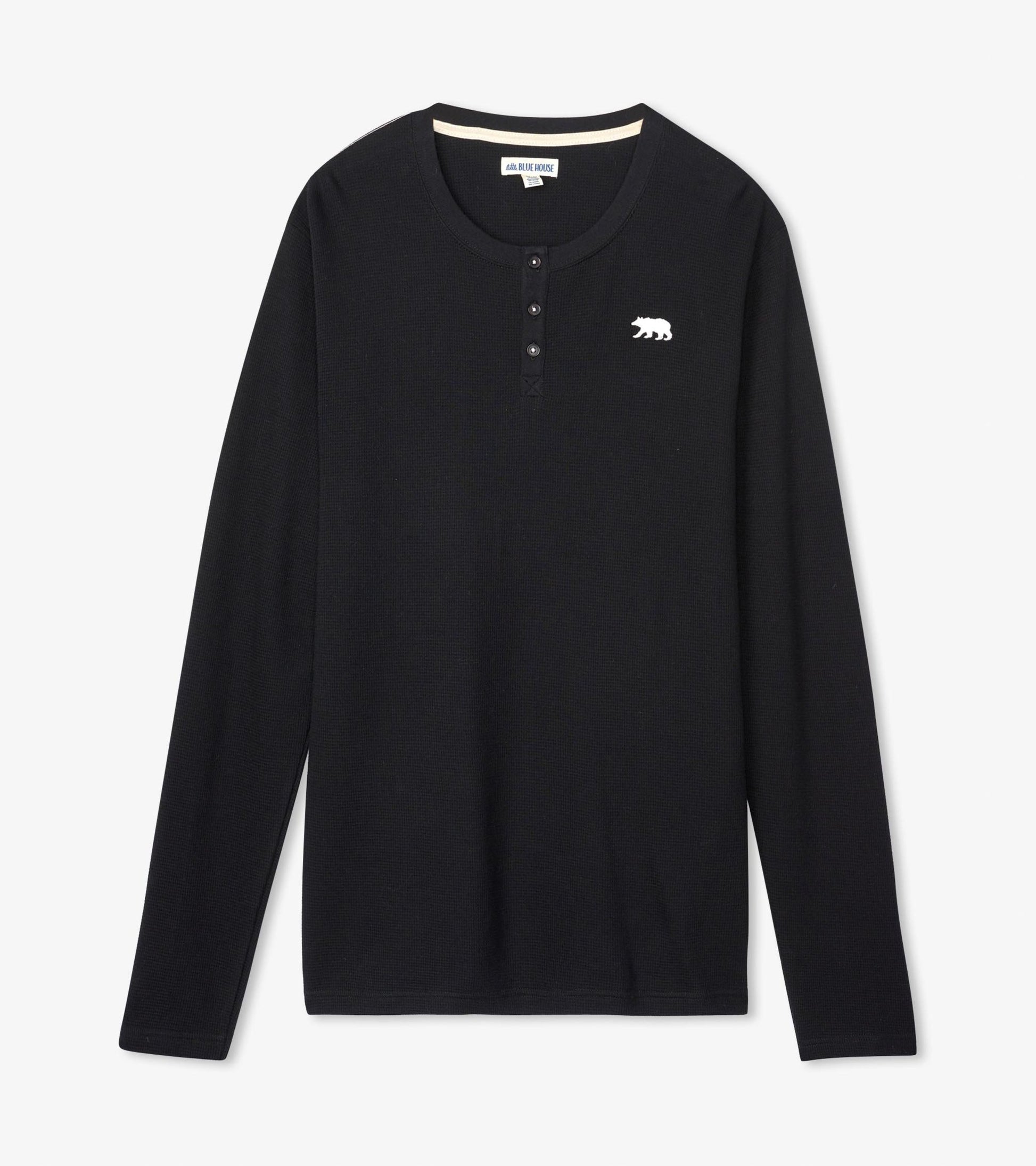 Black long-sleeve waffle henley with a buttoned neckline and a white bear logo on the chest.