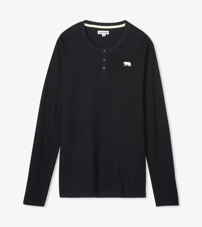 Black long-sleeve waffle henley with a buttoned neckline and a white bear logo on the chest.