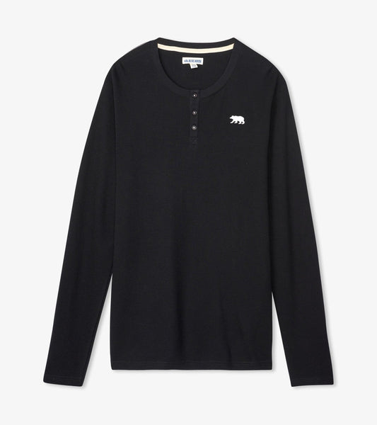 Black long-sleeve waffle henley with a buttoned neckline and a white bear logo on the chest.